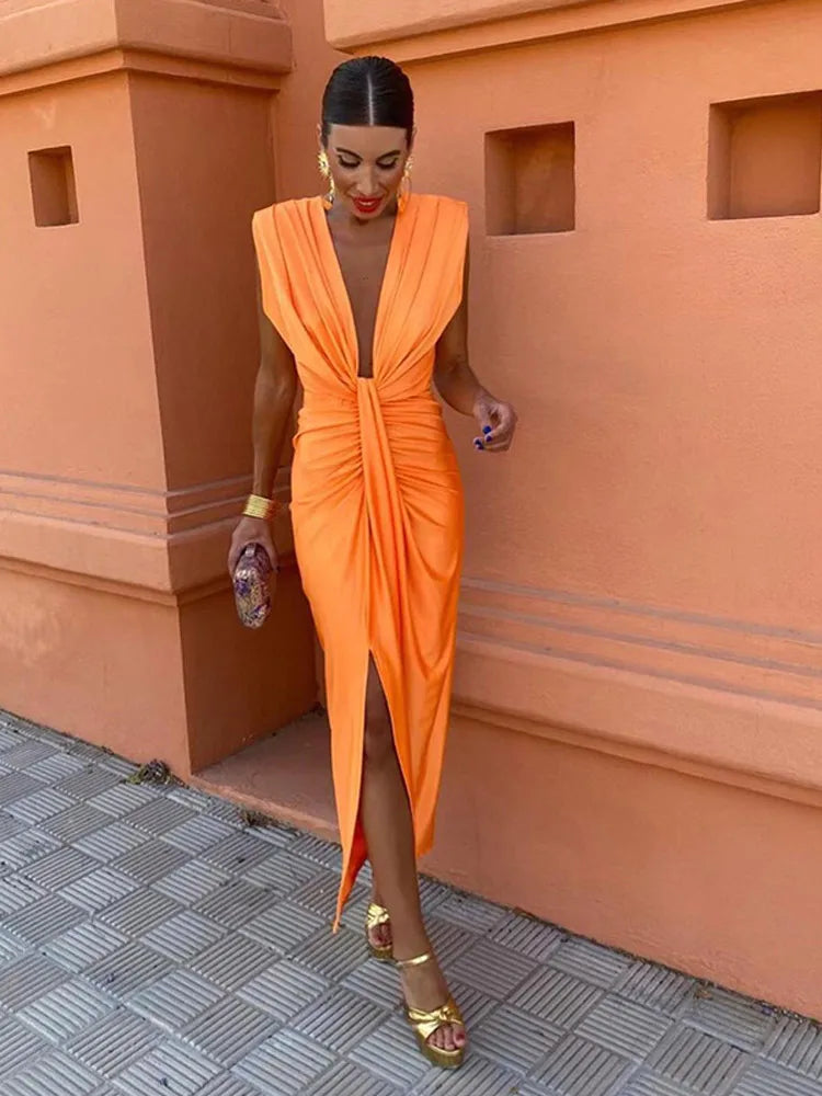 Women's Evening Gown Black Satin Deep V-Neck High Slit