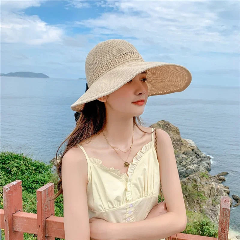 Summer Women Empty Sun Hat Breathable Hollow Foldable Big Brim Sun-proof Visor Cap Straw Hat Outdoor Travel UV Beach Cap