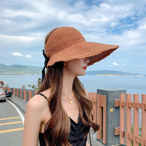 Summer Women Empty Sun Hat Breathable Hollow Foldable Big Brim Sun-proof Visor Cap Straw Hat Outdoor Travel UV Beach Cap