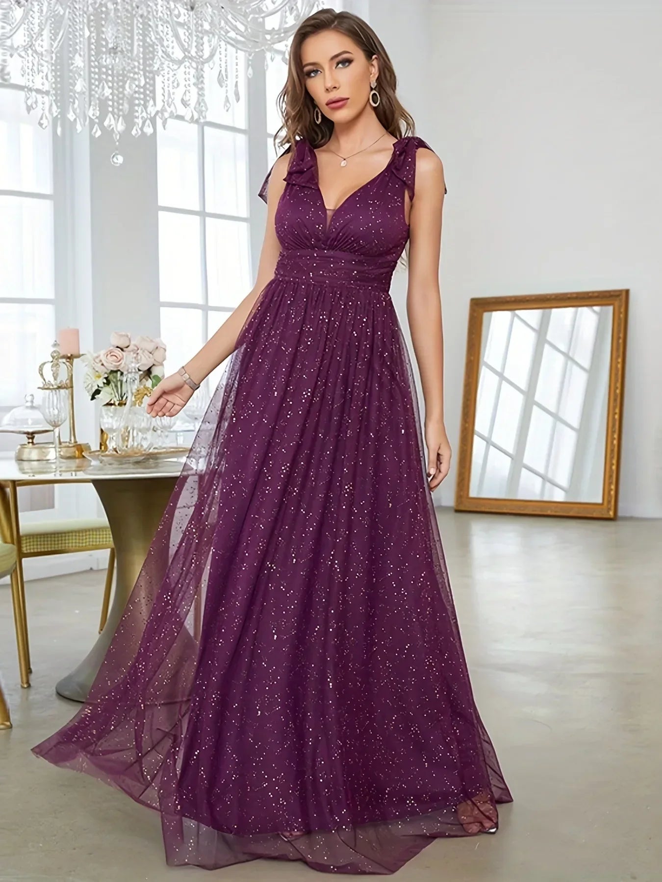 Women's Evening Gown Black Sheer Glitter A-Line