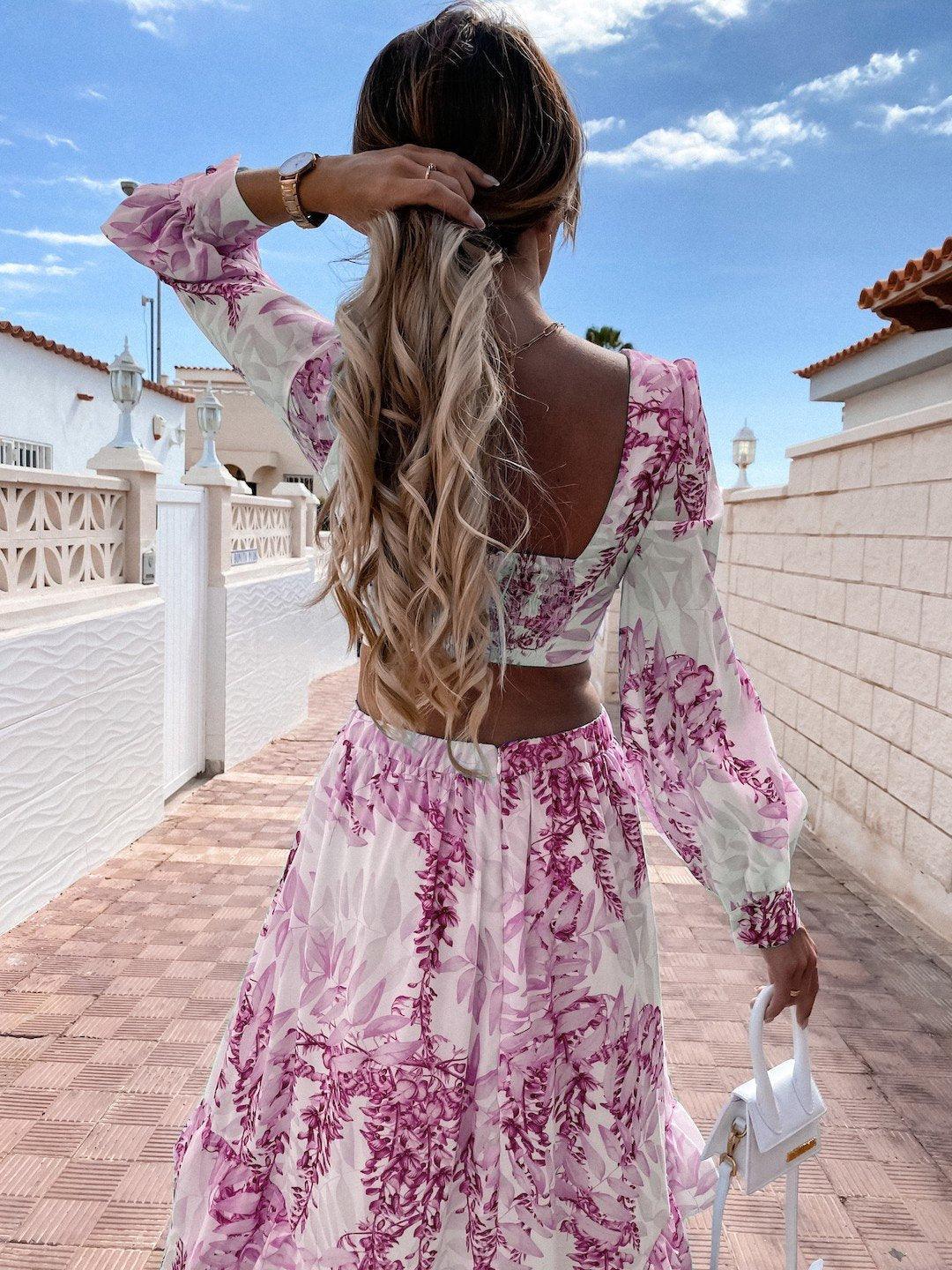 Women’s Flowy Fit V-Neck Waist Cut-Out Long Puff Sleeve Maxi Dress