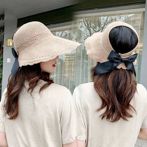 Summer Women Empty Sun Hat Breathable Hollow Foldable Big Brim Sun-proof Visor Cap Straw Hat Outdoor Travel UV Beach Cap