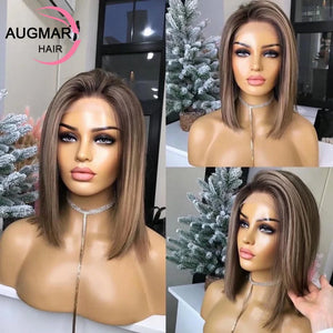 Ash Brown Bob Highlight Wig Human Hair 360 Lace Frontal Wig Pre Plucked 13x6 Short Bob Wig Lace Front Human Hair Wigs For Women