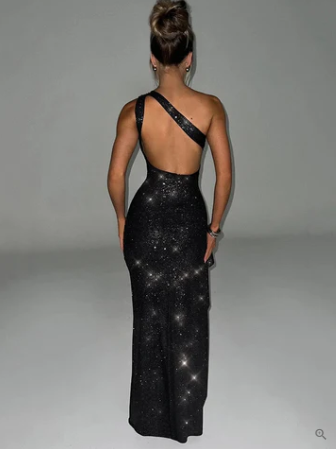 Women's Evening Dress Black Shimmer Fabric One-Shoulder Gown