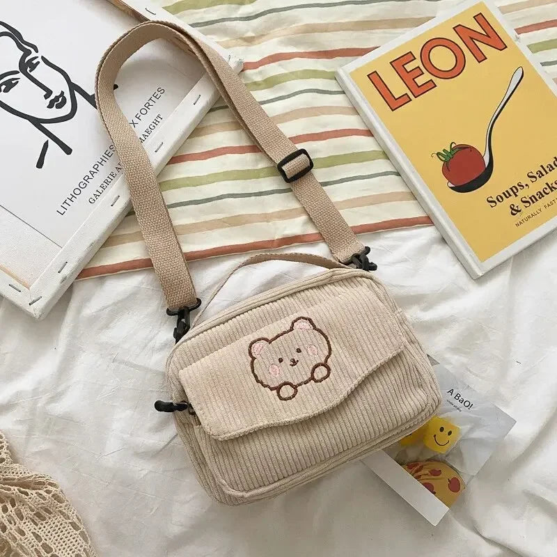 Women's Crossbody Bag Beige One Size Corduroy with Teddy Bear Embroidery