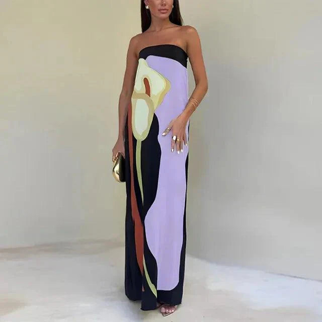 Women’s Abstract Print Strapless Lightweight Column Silhouette Maxi Dress