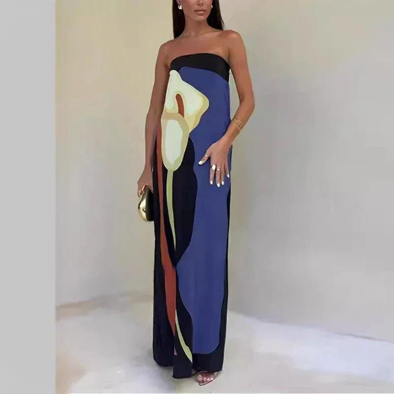 Women’s Abstract Print Strapless Lightweight Column Silhouette Maxi Dress