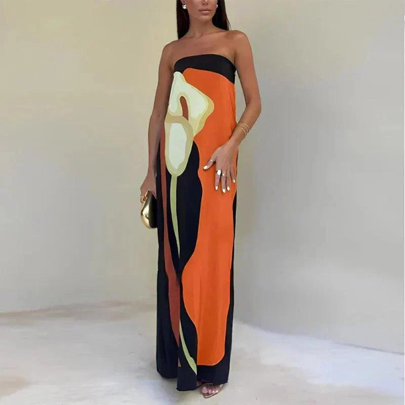 Women’s Abstract Print Strapless Lightweight Column Silhouette Maxi Dress