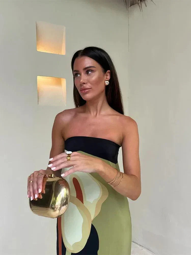 Women’s Abstract Print Strapless Lightweight Column Silhouette Maxi Dress