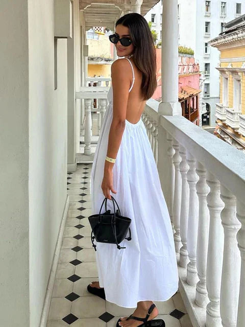 Women's Maxi Dress White Cotton Backless Spaghetti Strap