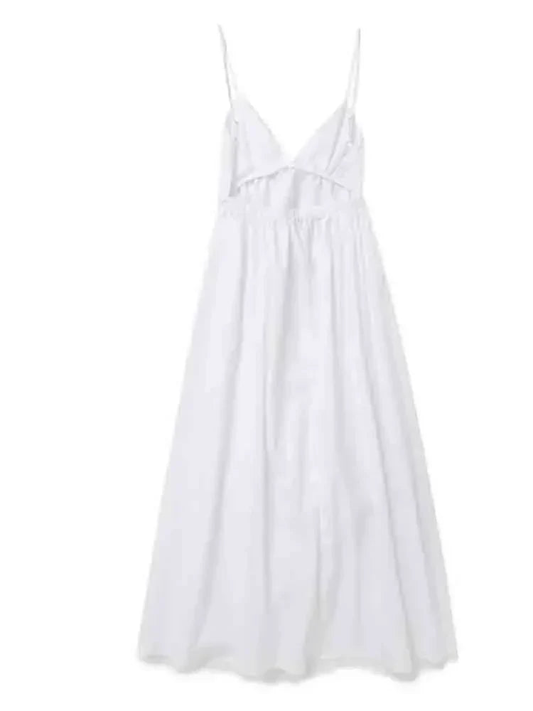 Women's Maxi Dress White Cotton Backless Spaghetti Strap