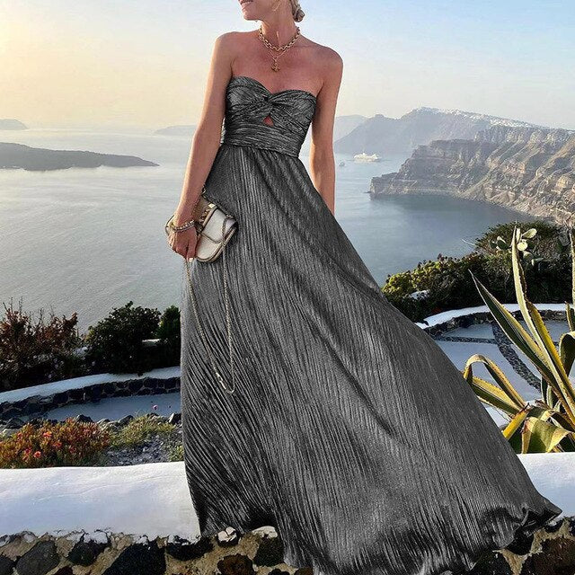 Women's Evening Gown Black Satin Strapless A-Line