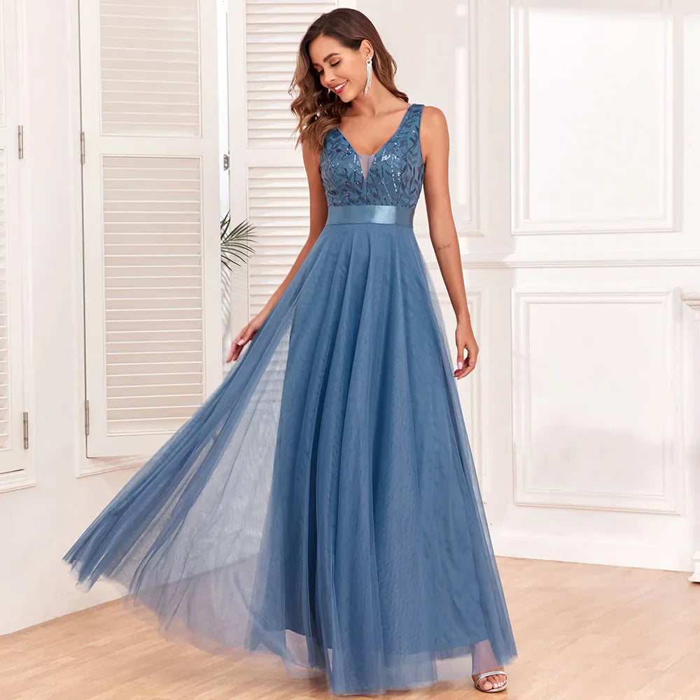 Women's Evening Gown Blue Tulle Satin Elegant A-Line Formal Dress