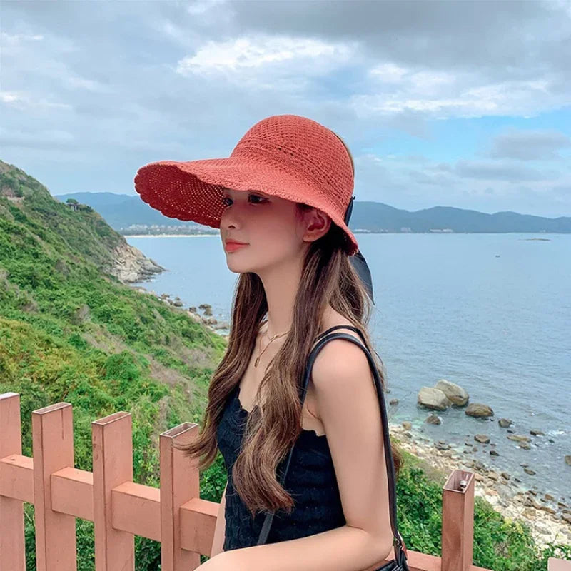 Summer Women Empty Sun Hat Breathable Hollow Foldable Big Brim Sun-proof Visor Cap Straw Hat Outdoor Travel UV Beach Cap