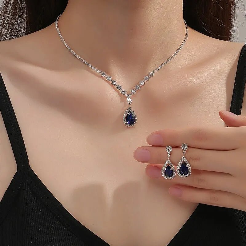 Shimmering Blue Teardrop Diamond Necklace and Earrings Set – Elegant Jewelry Collection