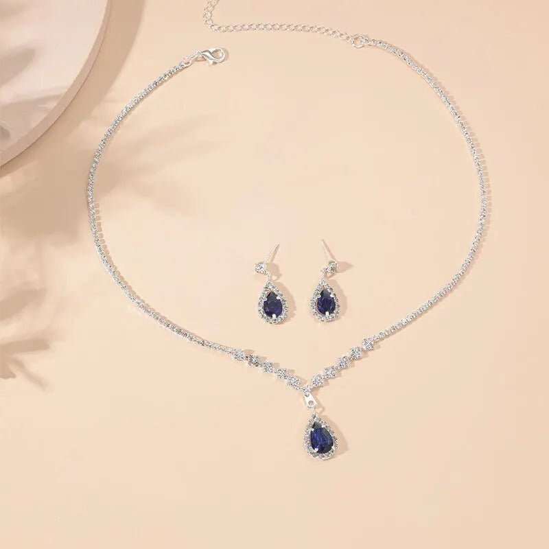 Shimmering Blue Teardrop Diamond Necklace and Earrings Set – Elegant Jewelry Collection