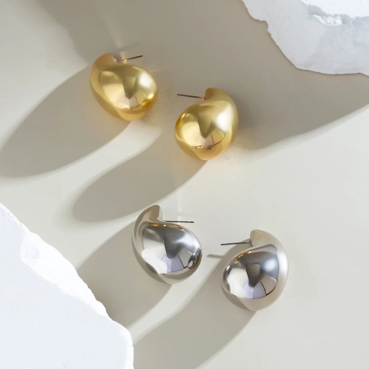 Statement Water Drop Earrings in Gold and Silver – Minimalist Stud Design