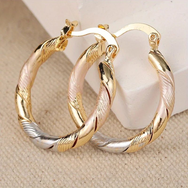 Triple Contrast Wrap Hoop Earrings in Gold, Silver, and Rose Gold - Elegant Spiral Design for Women