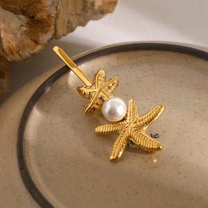 Twin Starfish Freshwater Pearl French Pin – Hypoallergenic 18k Gold-Plated Hair Accessory
