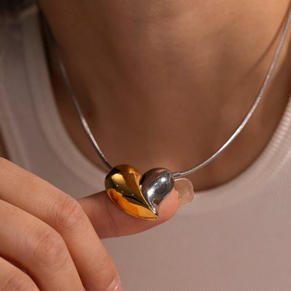 Two-Tone Heart Necklace for Women – Waterproof Gold and Silver Pendant, Adjustable 17-19 Inches, Hypoallergenic Elegant Jewelry