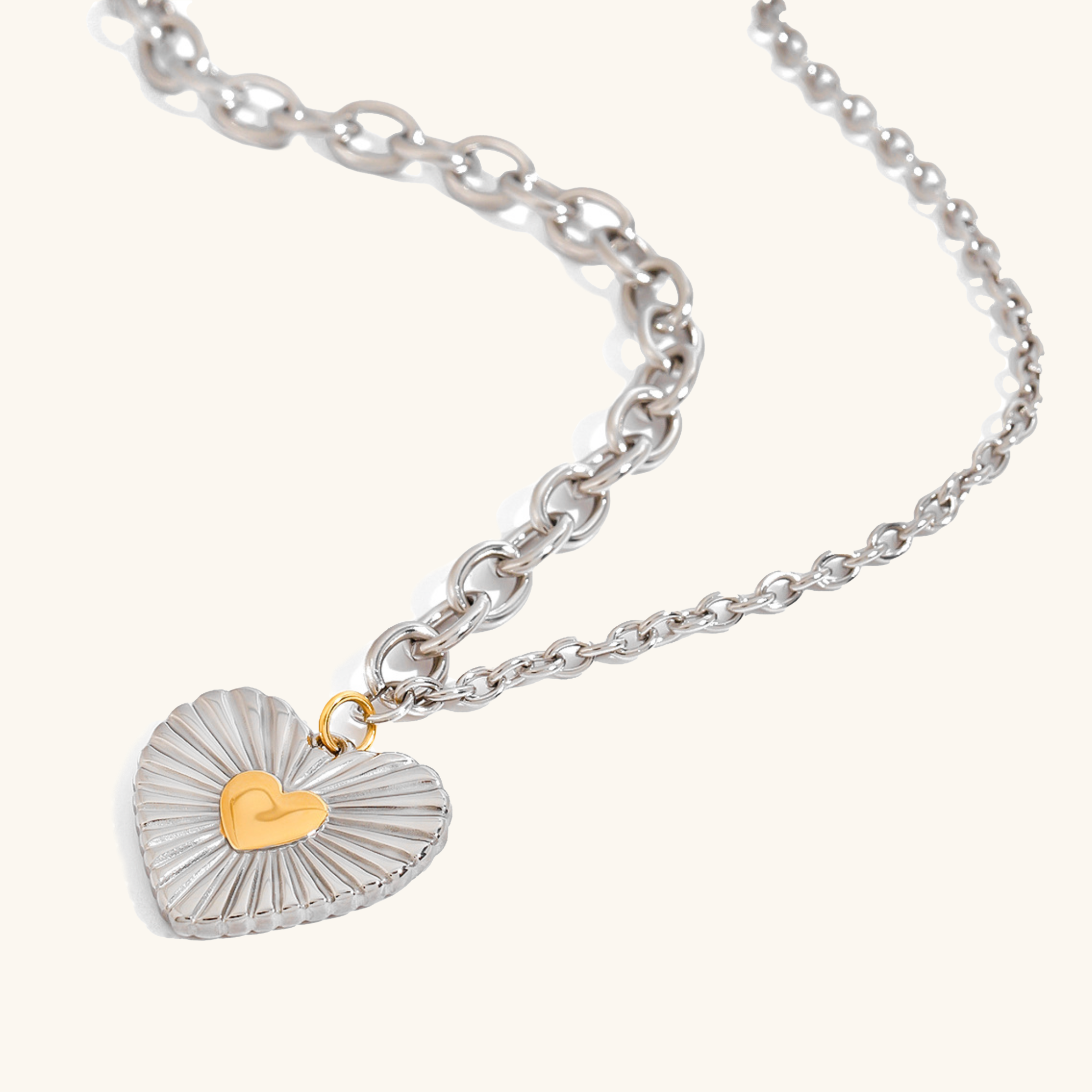 Two-Tone Heart Pendant Necklace – Silver and Gold Stainless Steel, Hypoallergenic, 17-Inch Chain