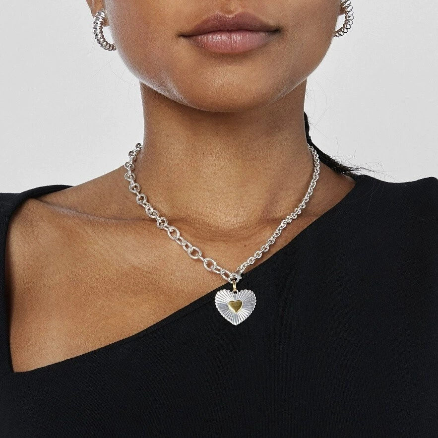 Two-Tone Heart Pendant Necklace – Silver and Gold Stainless Steel, Hypoallergenic, 17-Inch Chain