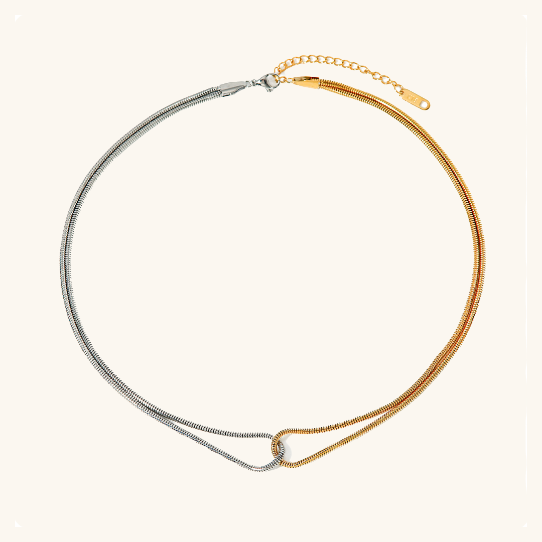 Two Tone Gold and Silver Necklace for Women – Intertwined Stainless Steel Jewelry, Waterproof and Hypoallergenic, 15 Inch with Extension