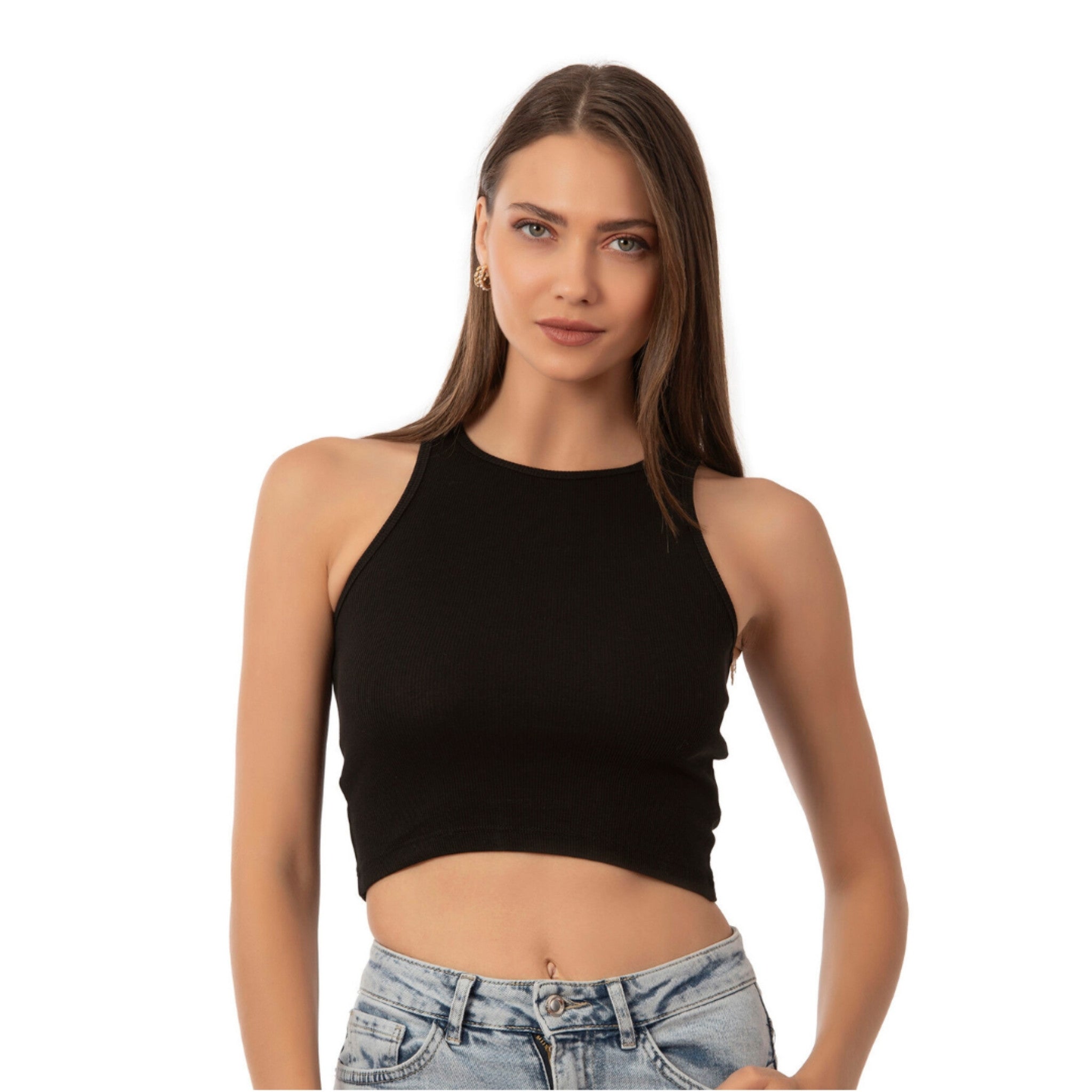 Women’s Ribbed High-Neck Crop Tank Top – Stretchy, Breathable Cotton Blend for Casual & Active Wear