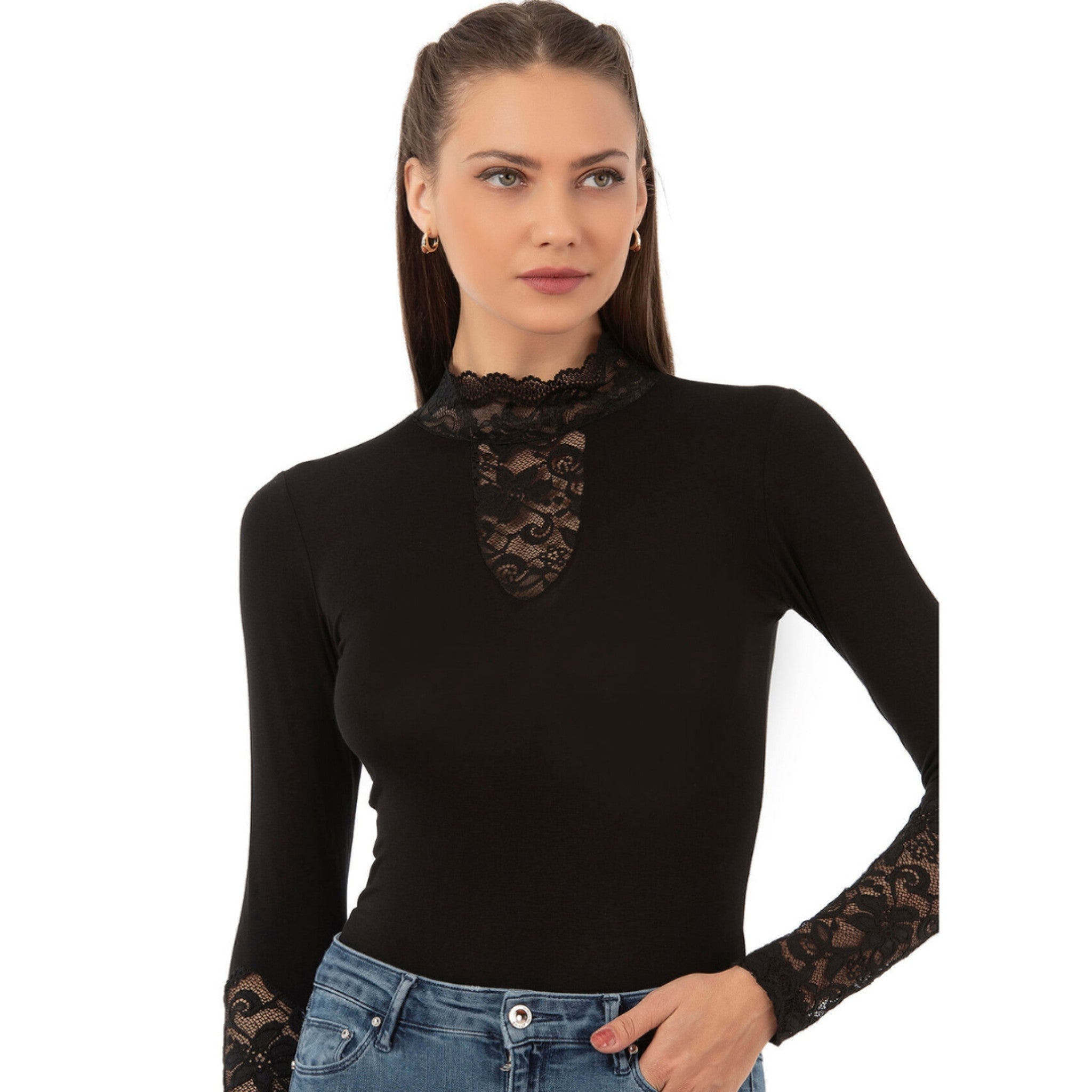 Women's Long Sleeve Lace Bodysuit – Elegant High Neck Design | Black