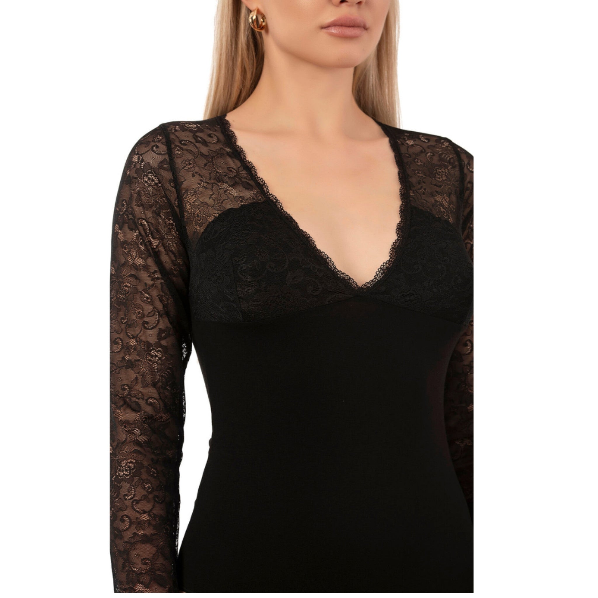 Women's Black Long Sleeve Lace Bodysuit – Elegant Viscose Blend with Floral Mesh Details