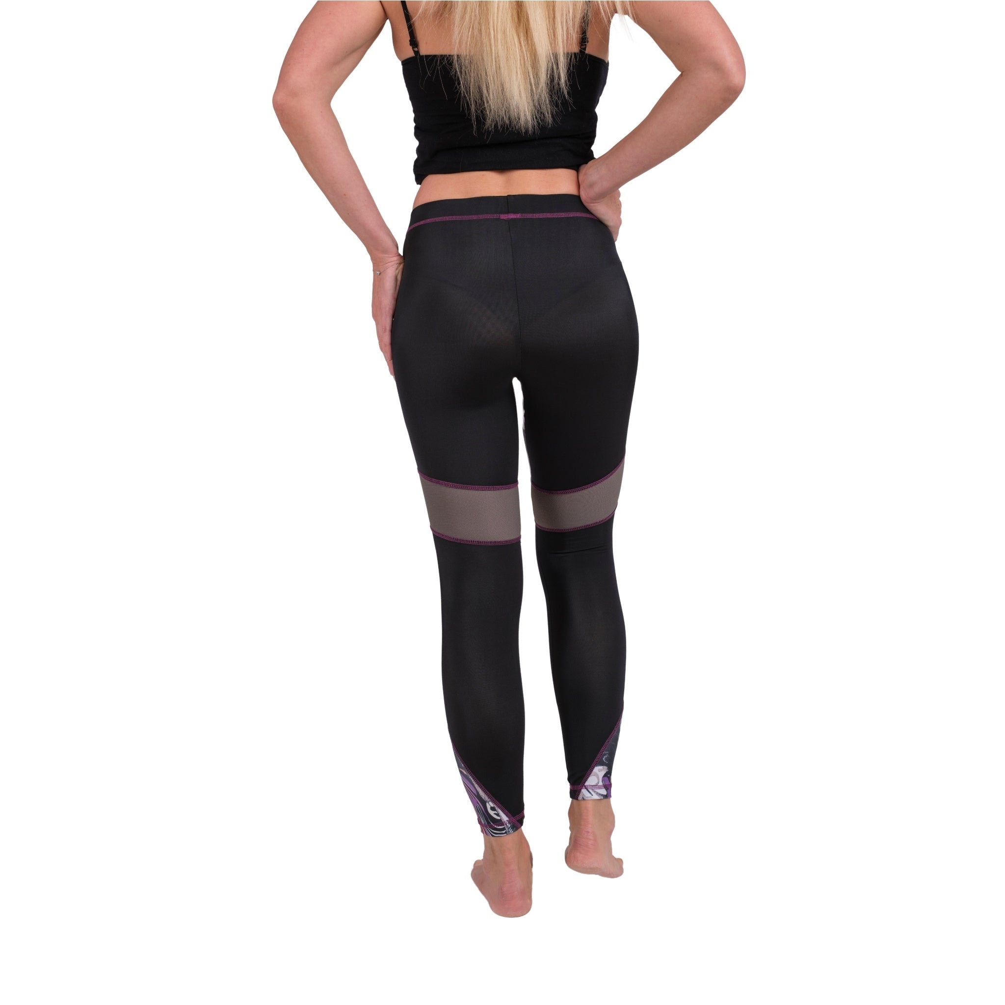 BoldMesh Sculpt Yoga Leggings – Black & Violet Pattern (Breathable Fit)