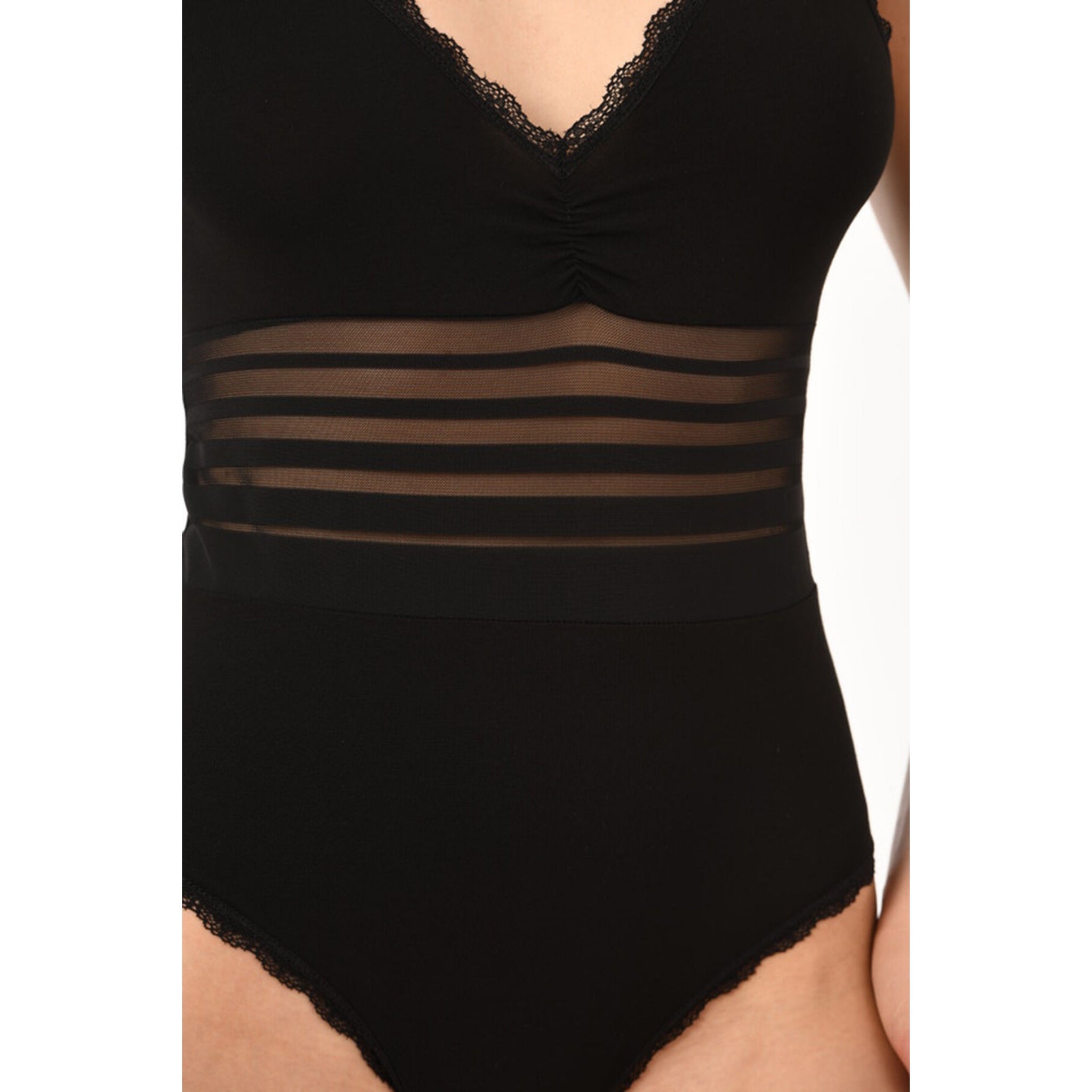 Women's Black Cotton Bodysuit with Sheer Stripe Waist & Lace Trim – Elegant & Comfortable
