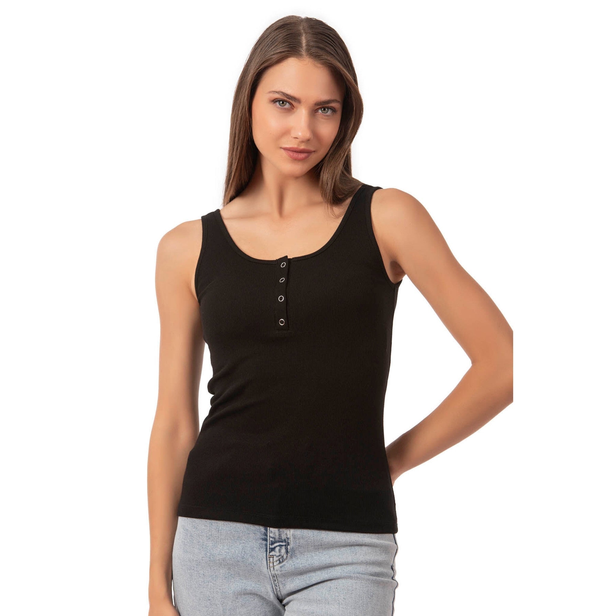 Women’s Ribbed Cotton Tank Top with Snap Buttons – Stretch Sleeveless Henley Shirt