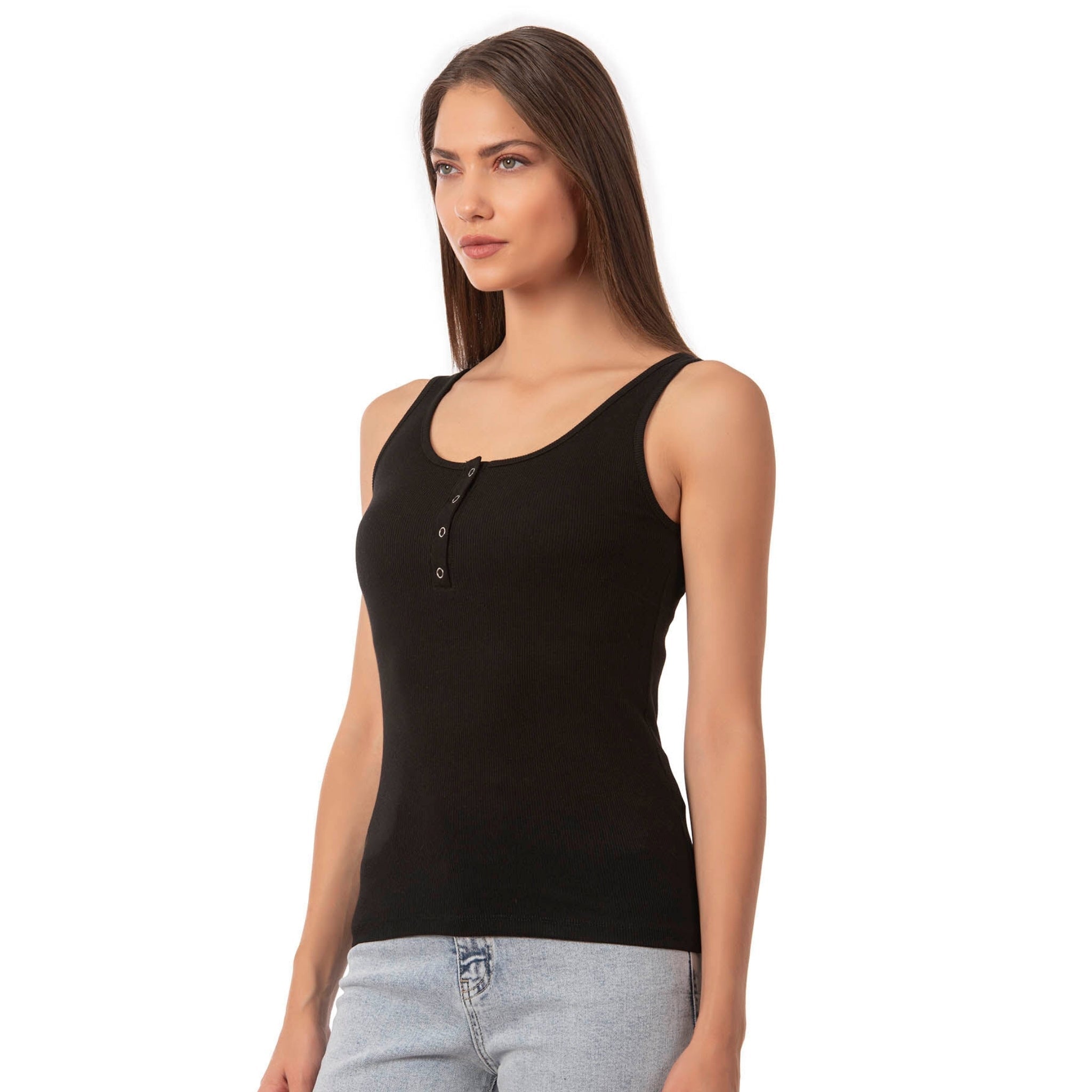 Women’s Ribbed Cotton Tank Top with Snap Buttons – Stretch Sleeveless Henley Shirt