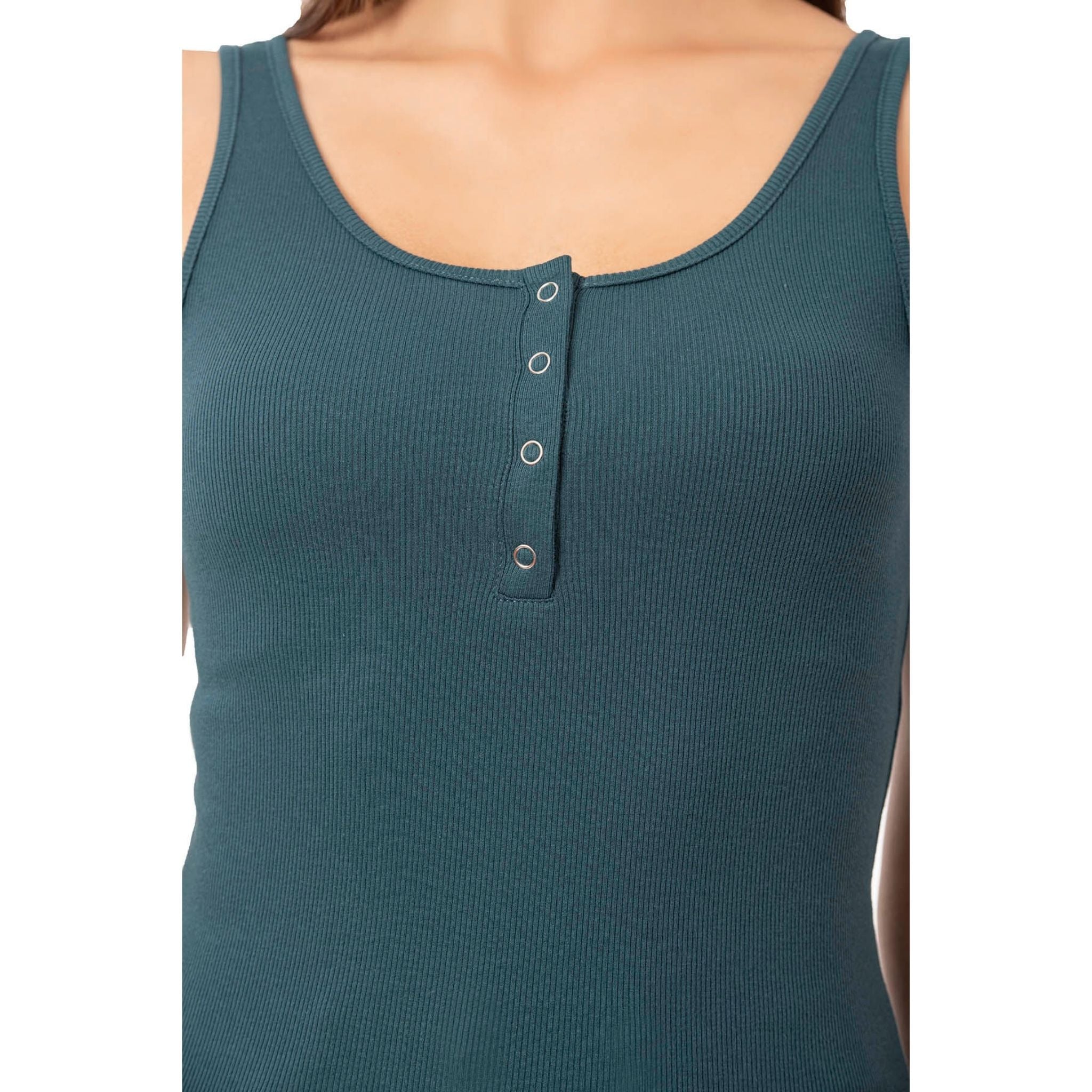 Women’s Ribbed Cotton Tank Top with Snap Buttons – Stretch Sleeveless Henley Shirt
