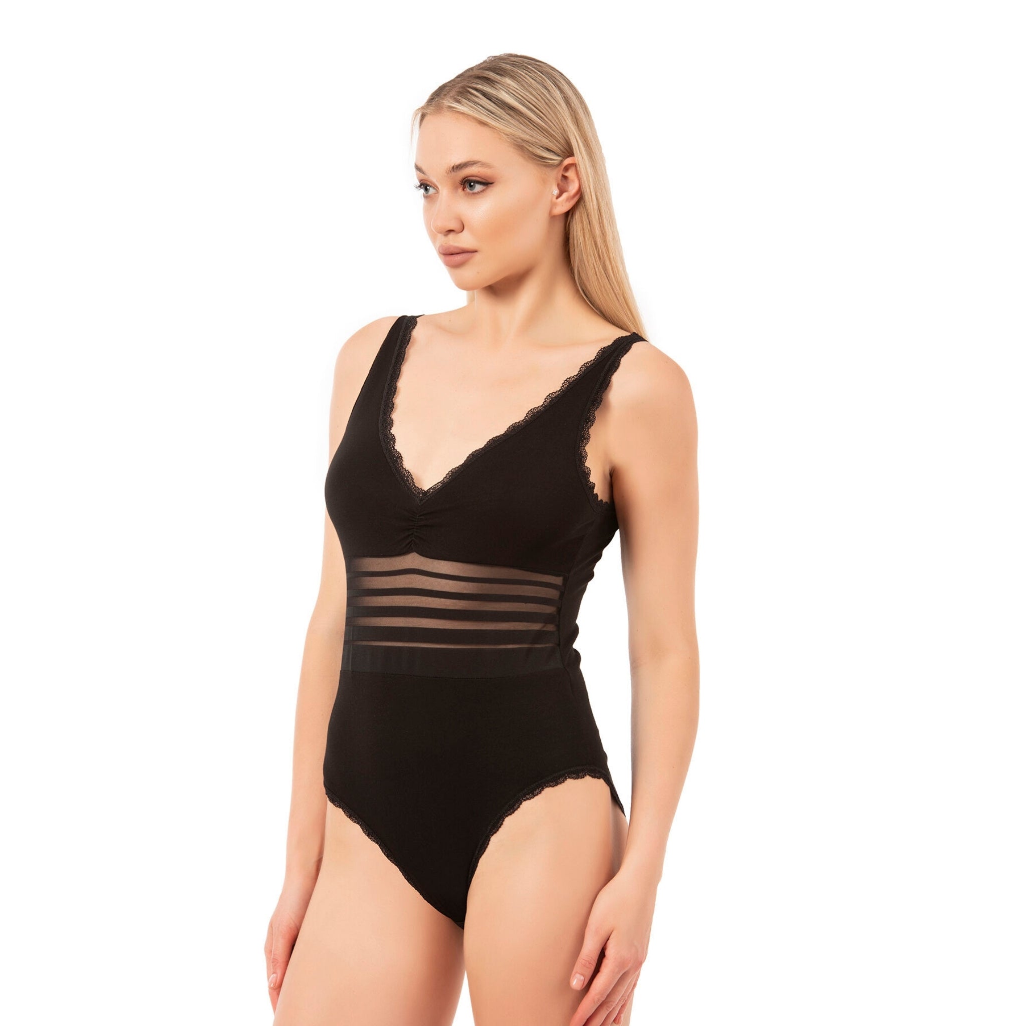 Women's Black Cotton Bodysuit with Sheer Stripe Waist & Lace Trim – Elegant & Comfortable
