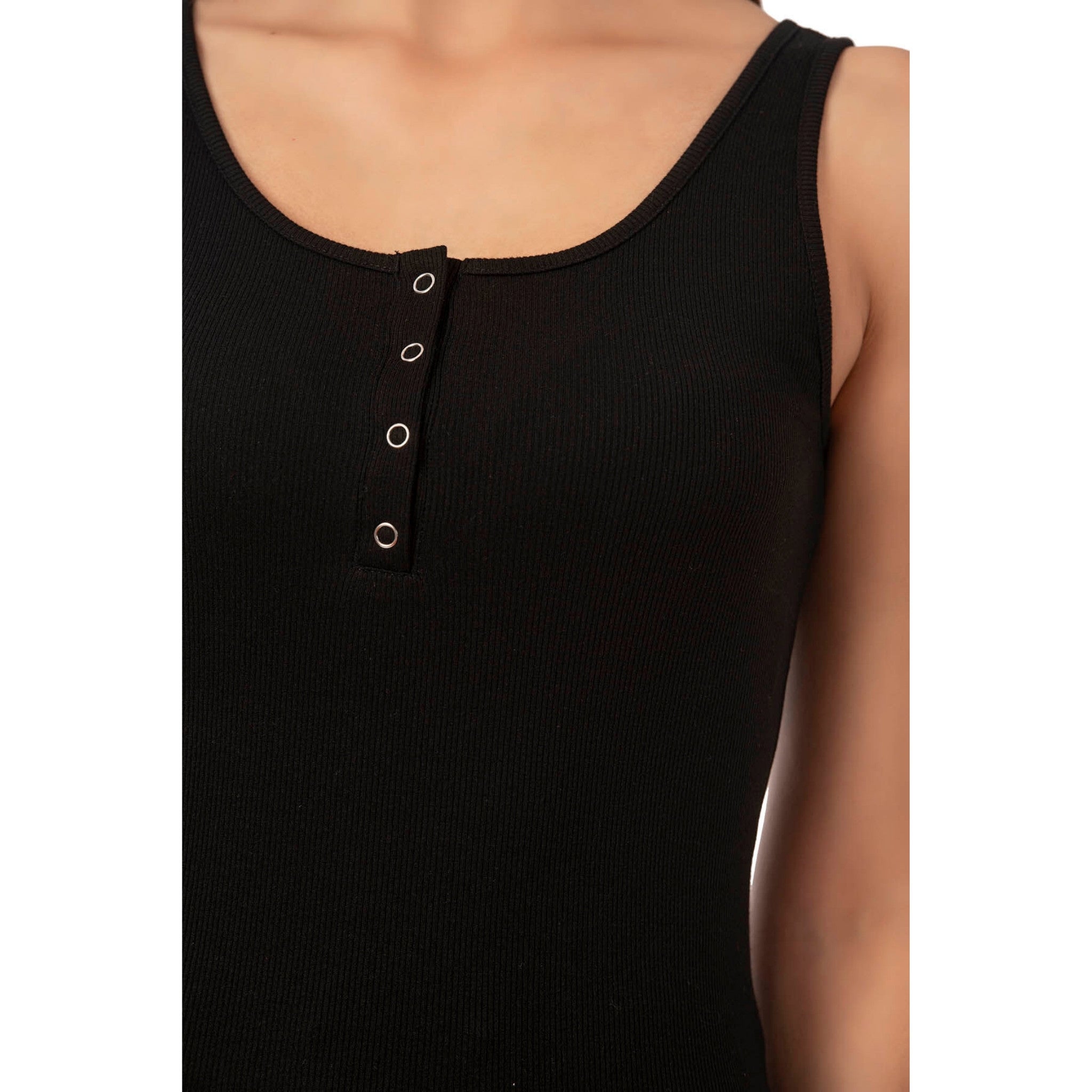 Women’s Ribbed Cotton Tank Top with Snap Buttons – Stretch Sleeveless Henley Shirt