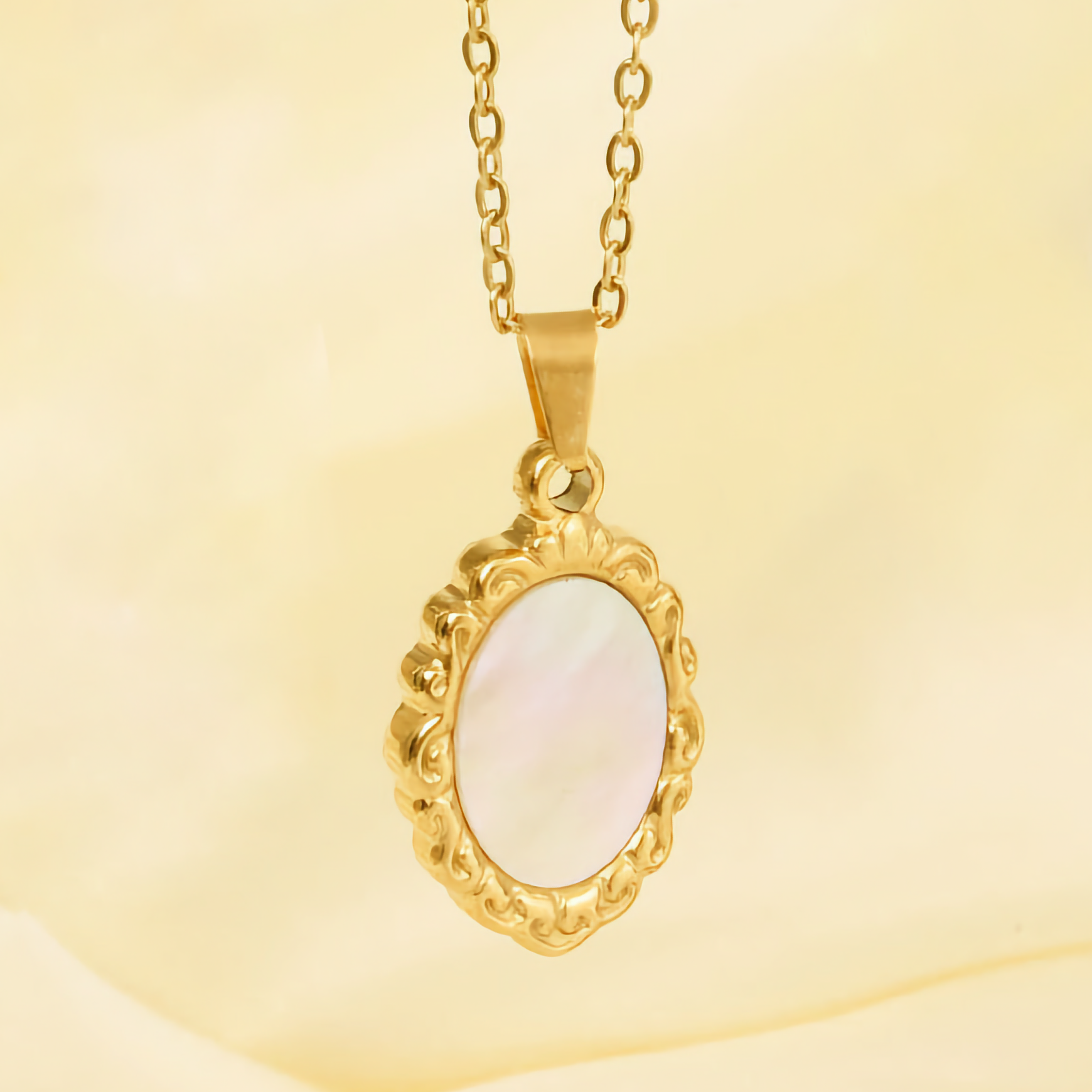 Vintage Mother of Pearl Pendant with Gold Trim – Waterproof, Hypoallergenic, Lightweight Jewelry for Women