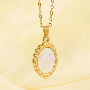 Vintage Mother of Pearl Pendant with Gold Trim – Waterproof, Hypoallergenic, Lightweight Jewelry for Women