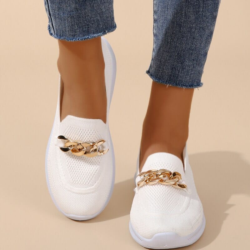 White Chunky Sneakers for Women with Breathable Mesh and Chain Design – Stylish Casual Footwear