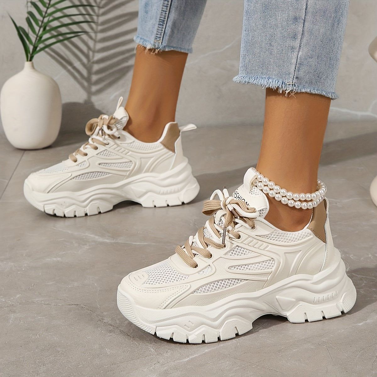 White Mesh Sneakers for Women with Thick Sole – Casual and Sporty Design