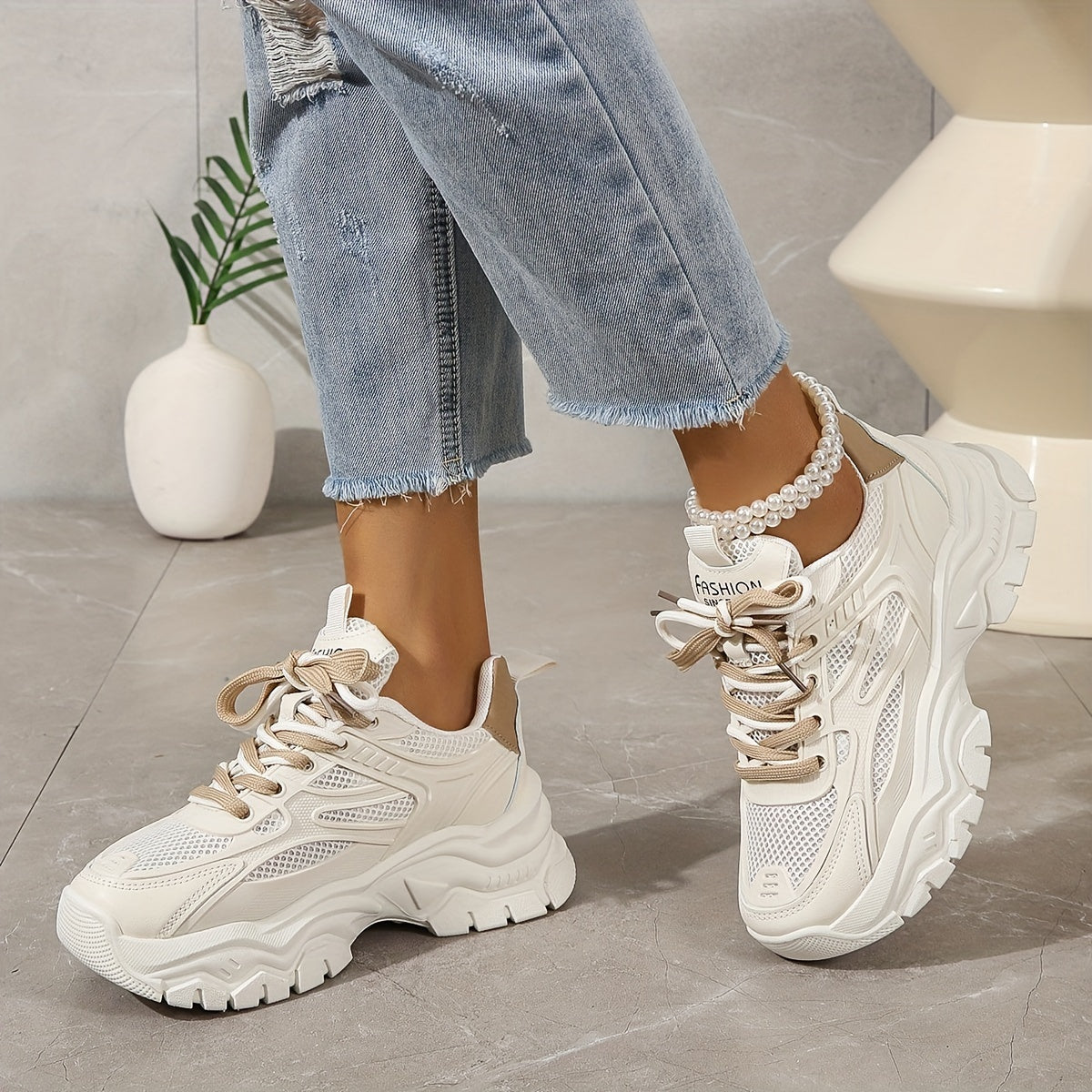 White Mesh Sneakers for Women with Thick Sole – Casual and Sporty Design