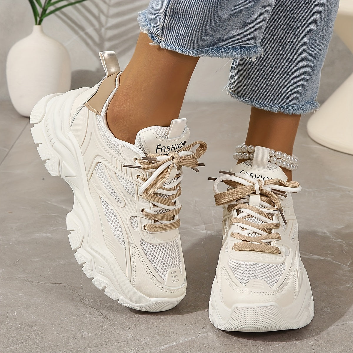 White Mesh Sneakers for Women with Thick Sole – Casual and Sporty Design