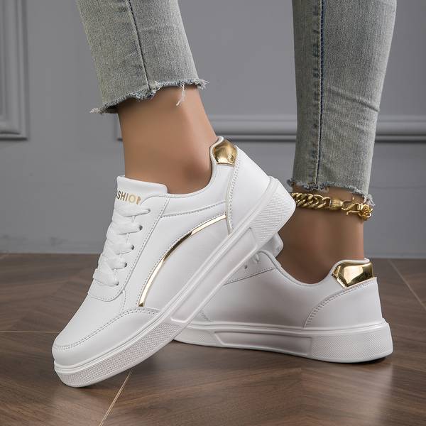 White Women's Sneakers with Metallic Accents – Stylish Slip-On PU Leather Sneakers for All-Day Comfort