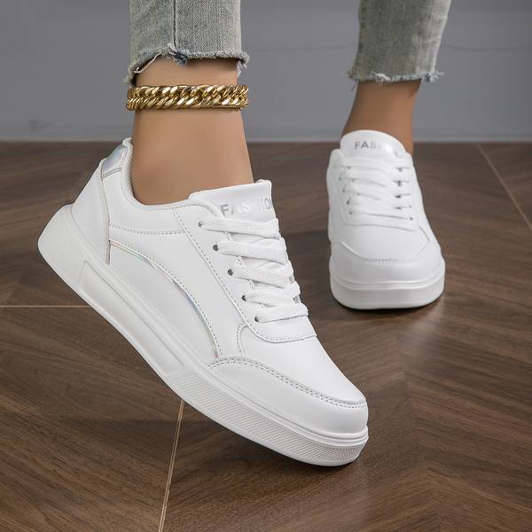 White Women's Sneakers with Metallic Accents – Stylish Slip-On PU Leather Sneakers for All-Day Comfort