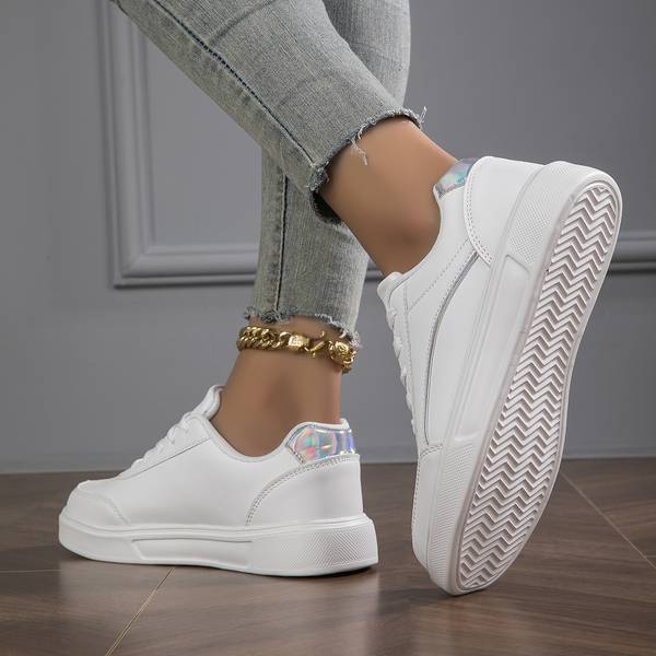 White Women's Sneakers with Metallic Accents – Stylish Slip-On PU Leather Sneakers for All-Day Comfort