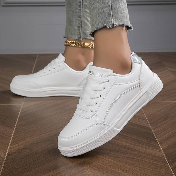 White Women's Sneakers with Metallic Accents – Stylish Slip-On PU Leather Sneakers for All-Day Comfort