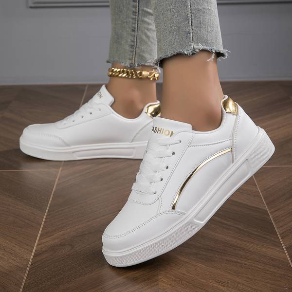 White Women's Sneakers with Metallic Accents – Stylish Slip-On PU Leather Sneakers for All-Day Comfort