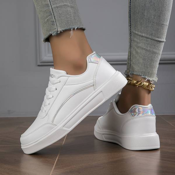 White Women's Sneakers with Metallic Accents – Stylish Slip-On PU Leather Sneakers for All-Day Comfort