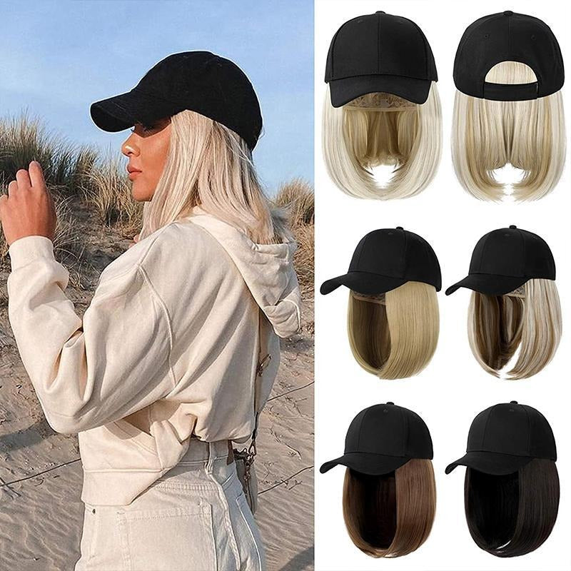 Women's Adjustable Baseball Cap with Natural Short Straight Hair Extensions